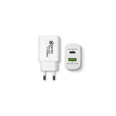 Încărcător Prio Fast Charger 25W PD PPS (USB C) + QC 3.0 (USB A), Alb