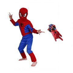 Set costum si manusa lansator cu 7 ventuze din burete SpiderMan, marime 5-7  ani, rosu