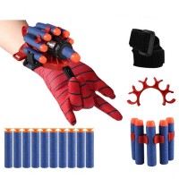 Set costum si manusa lansator cu 7 ventuze din burete SpiderMan, marime 5-7  ani, rosu