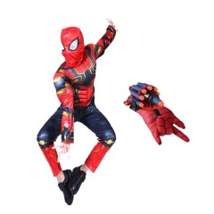 Set costum si manusa lansator cu 7 ventuze din burete  Iron Spiderman, 5-7  ani, rosu