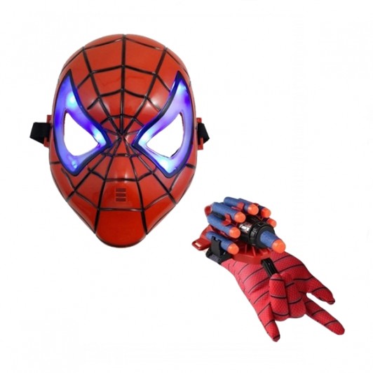 Set masca si manusa lansator cu 7 ventuze din burete SpiderMan, rosu, tehnologie LED