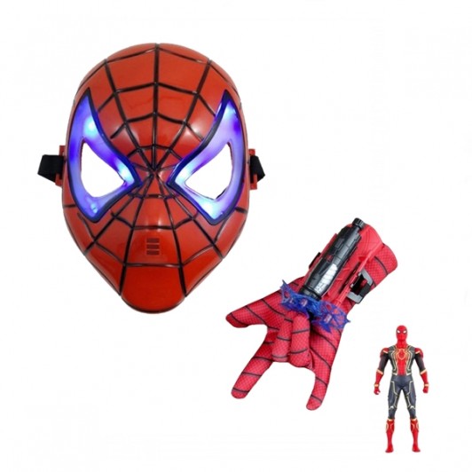 Set mască din plastic, mănușă cu ventuze și figurină SpiderMan, Mărime Universală, cu LED