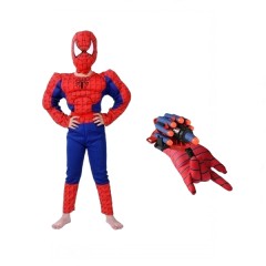 Set costum cu muschi  si manusa lansator cu 7 ventuze din burete, Spiderman, 3-5 ani, rosu