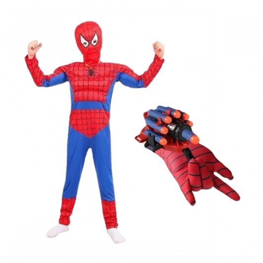 Set costum muschi si manusa lansator cu 7 ventuze din burete Ultimate SpiderMan, 3-5 ani ,rosu