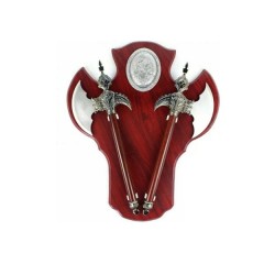 Set doua topoare decorative pe suport de lemn, panoplie de perete, 55 cm