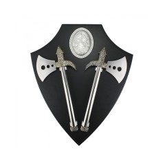 Set doua topoare decorative pe suport de lemn, panoplie de perete, 55 cm, negru