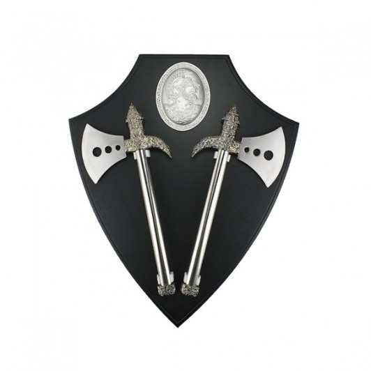 Set doua topoare decorative pe suport de lemn, panoplie de perete, 55 cm, negru