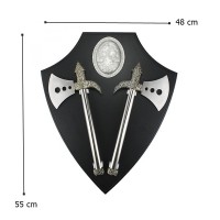 Set doua topoare decorative pe suport de lemn, panoplie de perete, 55 cm, negru