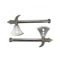 Set doua topoare decorative pe suport de lemn, panoplie de perete, 55 cm, negru