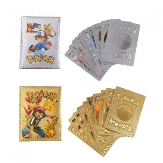 Set doua pachete cartonase Pokemon Gold GTX si  Silver GTX,colectie, 55 bucati, aurii/argintii