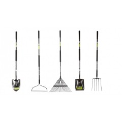 Pachet lopata,cazma,grebla,grebla cu dinti flexibili cu coada fibra stcila 1480 mm,furca 5 dinti