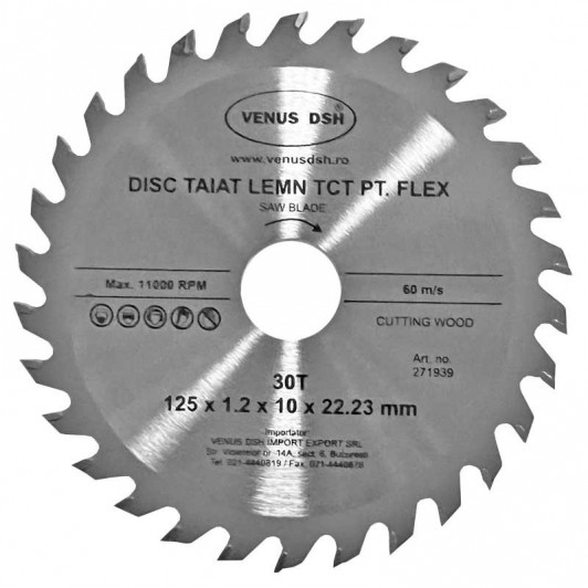 Disc taiat lemn TCT pentru flex,dimensiuni 125x1.2x10x22.23 mm,30 T