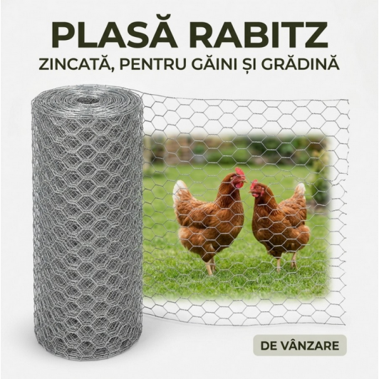 Plasa rabitz zincata, dimensiuni: latime 1 metru x lungime 10 metru, grosime 0,59 mm