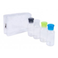 Set recipiente pentru calatorie, din plastic, transparente, 4 bucati si gentuta, 80 ml