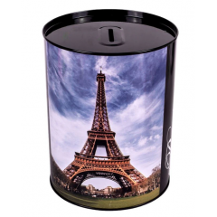 Pusculita cilindrica din metal, model turnul Eiffel, Paris,  12 x 15 cm