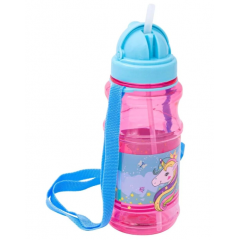Sticla pentru copii, din plastic, cu pai si capac, model unicorn, 500 ml