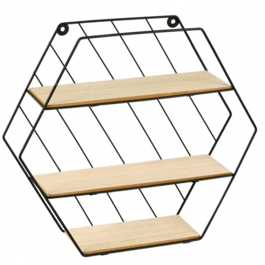 Raft decorativ pentru perete, forma hexagon, feronerie inclusa, 35x9x31 cm