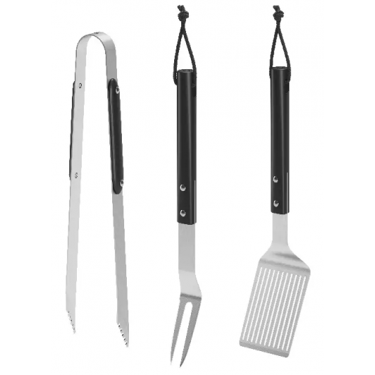 Set 3 ustensile pentru gratar, cleste, furculita si spatula, dimensiuni mari, otel inoxidabil