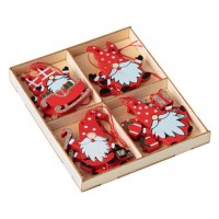 Set 8 Ornamente pentru Brad de Craciun din Lemn, model Mos Craciun, 5 cm