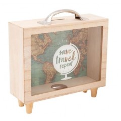 Pusculita din lemn, model valiza cu harta lumii, 21x7x22 cm