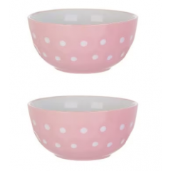 Set 2 boluri de servit, din ceramica, pentru supa, roz cu buline albe, 680 ml