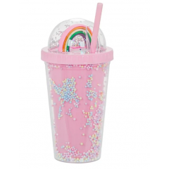 Pahar pentru copii, plastic, model confetti curcubeu, cu pai si capac, 450 ml