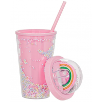 Pahar pentru copii, plastic, model confetti curcubeu, cu pai si capac, 450 ml