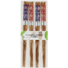 Set 4 perechi betisoare chinezesti premium, chopsticks, din bambus, nature cu model, 23 cm