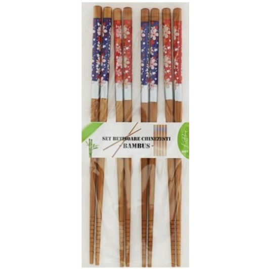 Set 4 perechi betisoare chinezesti premium, chopsticks, din bambus, nature cu model, 23 cm