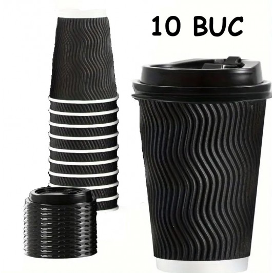 Set 10 Pahare cu Capac, din carton, pentru Cafea, 360 ​​ml