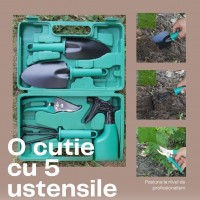 Set 5 accesorii pentru gradinarit, geanta depozitare inclusa, otel inoxidabil, 18.5 x 29.5 cm, verde