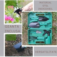 Set 5 accesorii pentru gradinarit, geanta depozitare inclusa, otel inoxidabil, 18.5 x 29.5 cm, verde