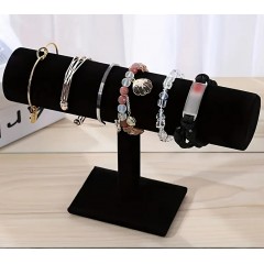 Suport cilindric din catifea pentru bijuterii, cu picior, negru, 23.5 cm