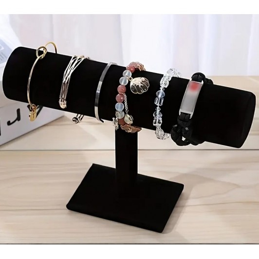 Suport cilindric din catifea pentru bijuterii, cu picior, negru, 23.5 cm