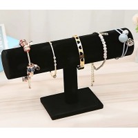 Suport cilindric din catifea pentru bijuterii, cu picior, negru, 23.5 cm