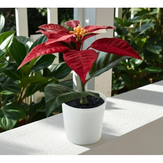 Planta rosie, artificiala, cu ghiveci alb, 15x6 cm