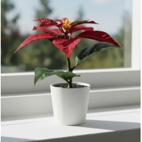 Planta rosie, artificiala, cu ghiveci alb, 15x6 cm