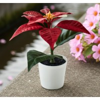 Planta rosie, artificiala, cu ghiveci alb, 15x6 cm