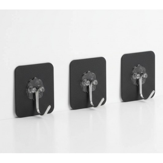 Set 3 carlige autocolante, model floare, negru, 6x6 cm, utilizare universala