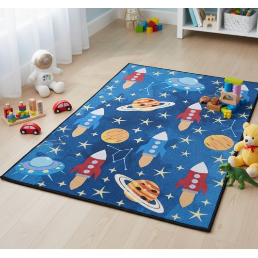 Covor decorativ, pentru camera copiilor, model planete si rachete, 60x90 cm
