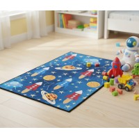 Covor decorativ, pentru camera copiilor, model planete si rachete, 60x90 cm