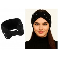 Bentita par tricotata, de iarna, neagra, cu nod si strasuri argintii, 11 cm latime