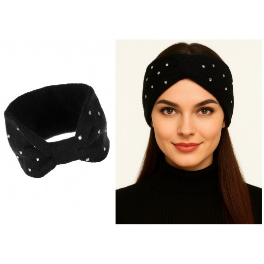 Bentita par tricotata, de iarna, neagra, cu nod si strasuri argintii, 11 cm latime