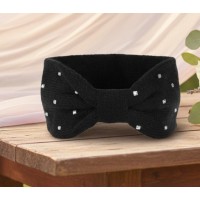 Bentita par tricotata, de iarna, neagra, cu nod si strasuri argintii, 11 cm latime