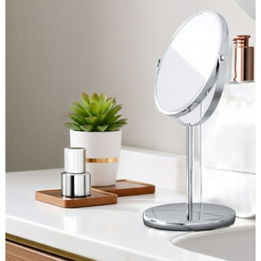Oglinda cosmetica cu 2 fete, inox, efect normal si efect lupa, Ø 17 x 33 cm