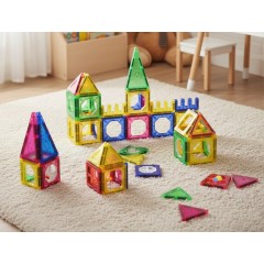 Set 34 piese magnetice de construit, cuburi si forme de legatura, + 3 ani