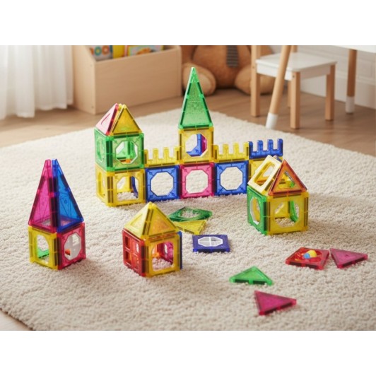 Set 34 piese magnetice de construit, cuburi si forme de legatura, + 3 ani