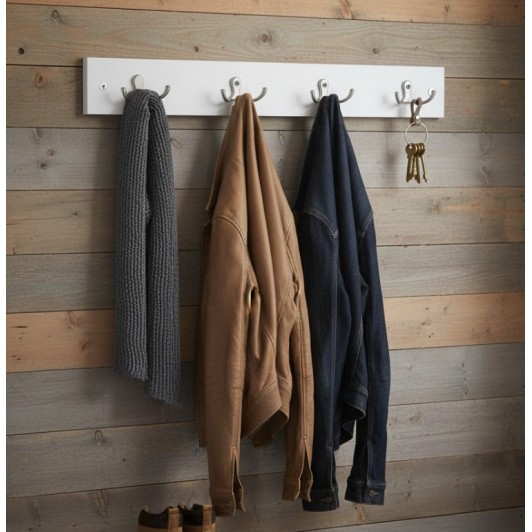 Cuier de perete, MDF, alb, cu 4 carlige duble, 50x7 cm, contine 2 holsuruburi si 2 dibluri