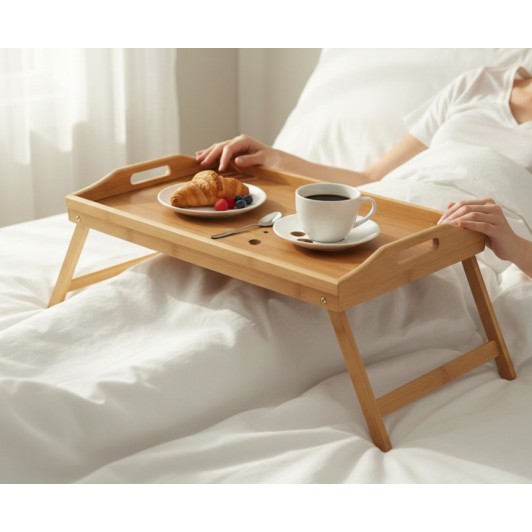 Tava / masuta pliabila, bambus, pentru mic dejun la pat si servire confortabila, 50x29.5x22 cm