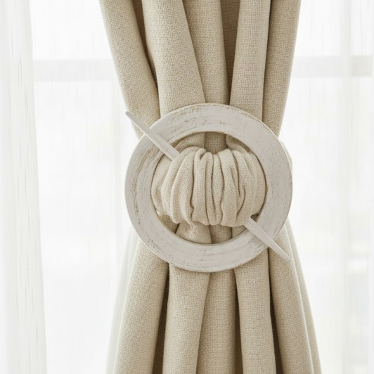 Agrafa rotunda din lemn, pentru perdea sau draperie, model rustic, Ø 14 cm